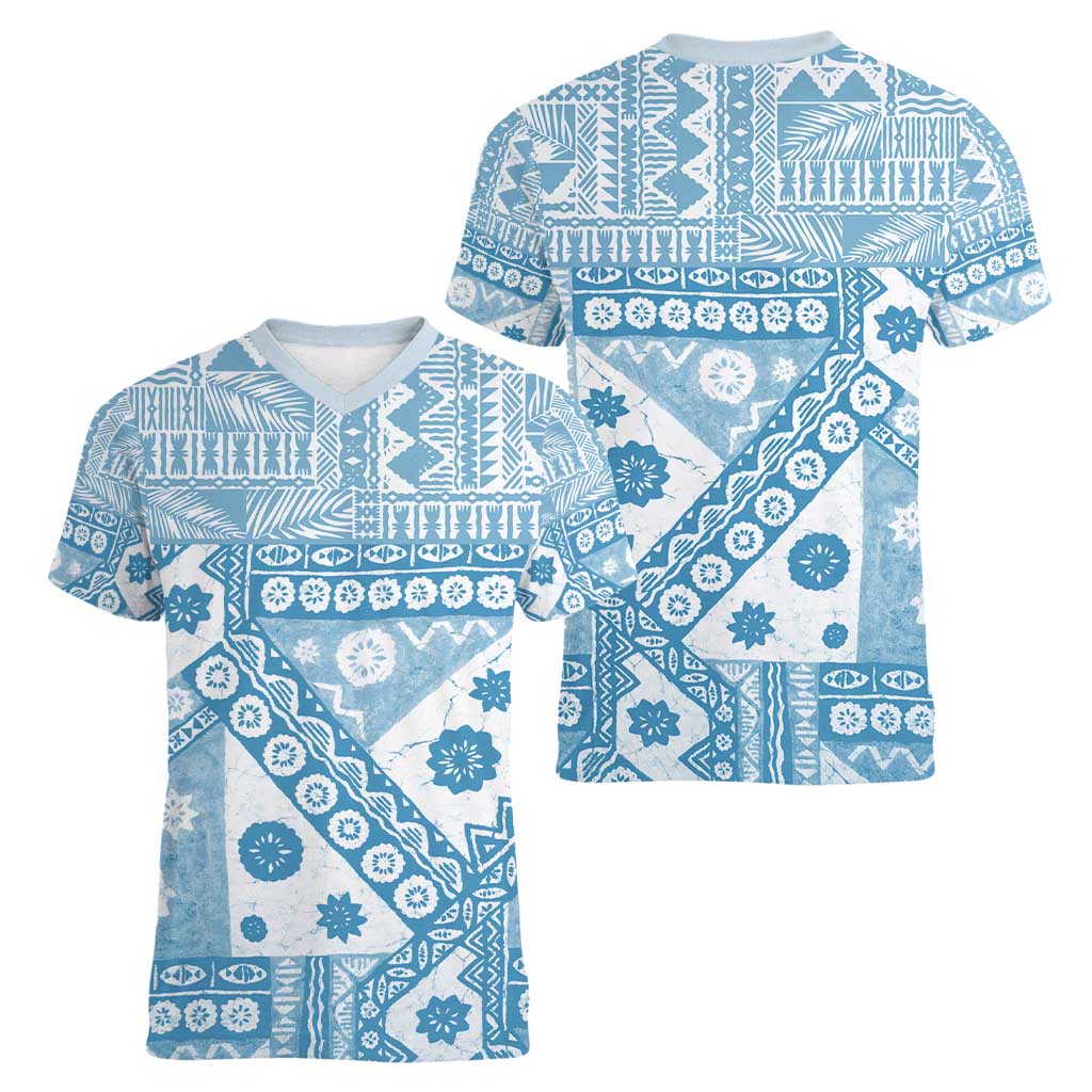 Blue Bula Fiji Women V-Neck T-Shirt Unique Masi Tapa Pattern LT14 - Polynesian Pride