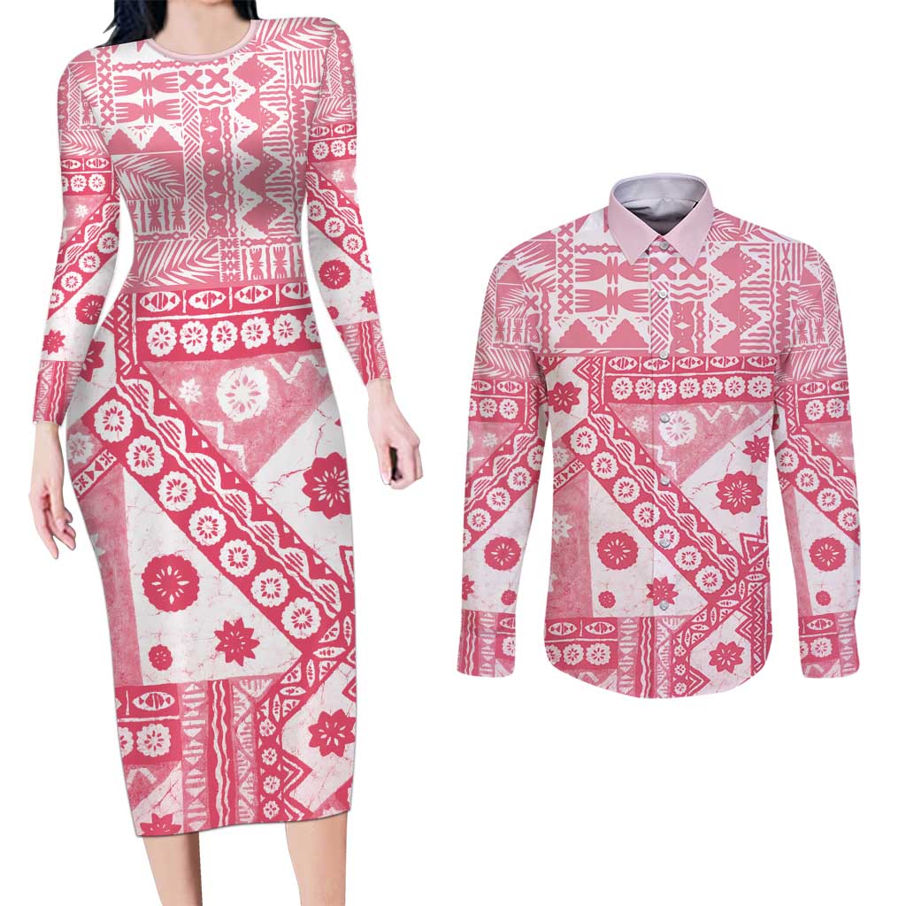 Pink Bula Fiji Couples Matching Long Sleeve Bodycon Dress and Long Sleeve Button Shirt Unique Masi Tapa Pattern LT14 Pink - Polynesian Pride