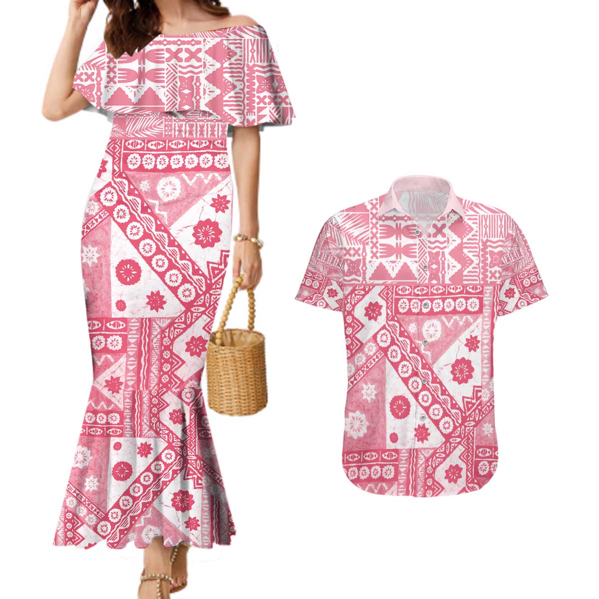 Pink Bula Fiji Couples Matching Mermaid Dress and Hawaiian Shirt Unique Masi Tapa Pattern LT14 Pink - Polynesian Pride