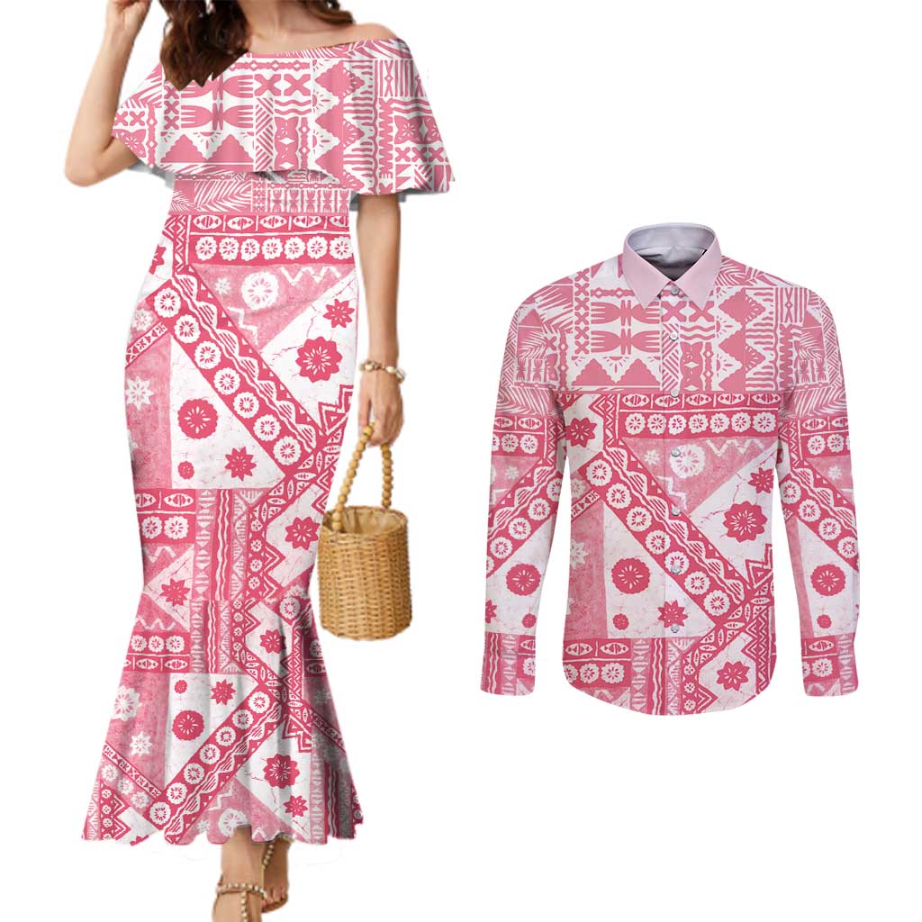 Pink Bula Fiji Couples Matching Mermaid Dress and Long Sleeve Button Shirt Unique Masi Tapa Pattern LT14 Pink - Polynesian Pride