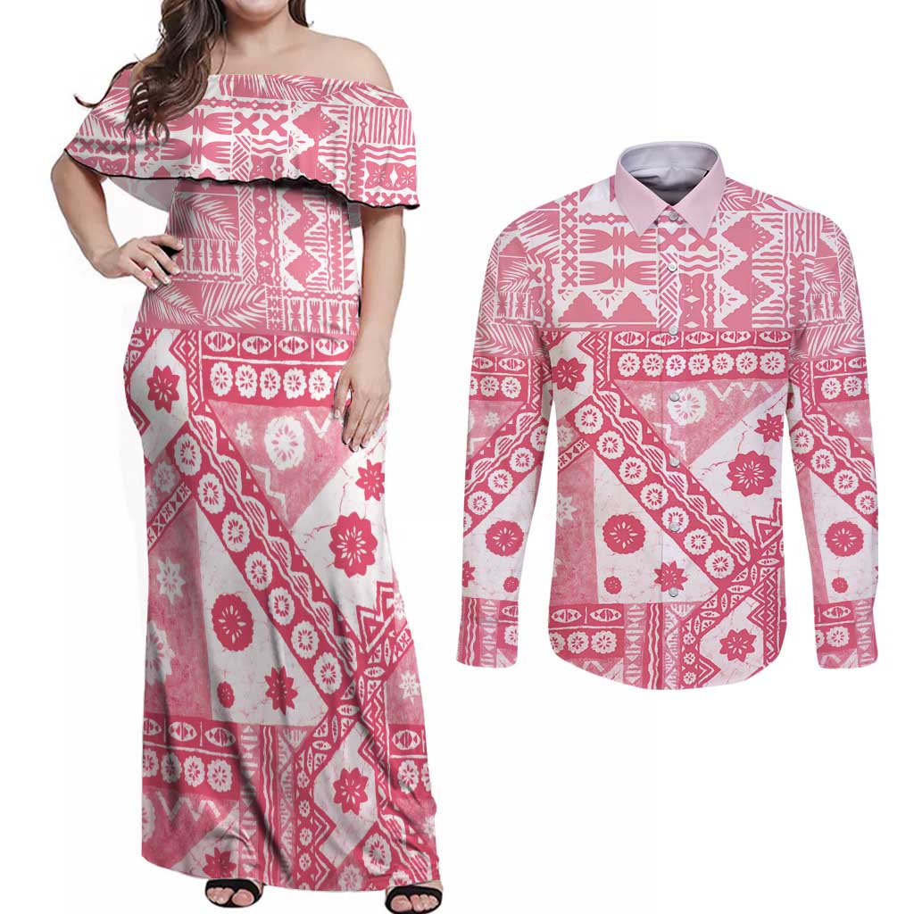Pink Bula Fiji Couples Matching Off Shoulder Maxi Dress and Long Sleeve Button Shirt Unique Masi Tapa Pattern LT14 Pink - Polynesian Pride