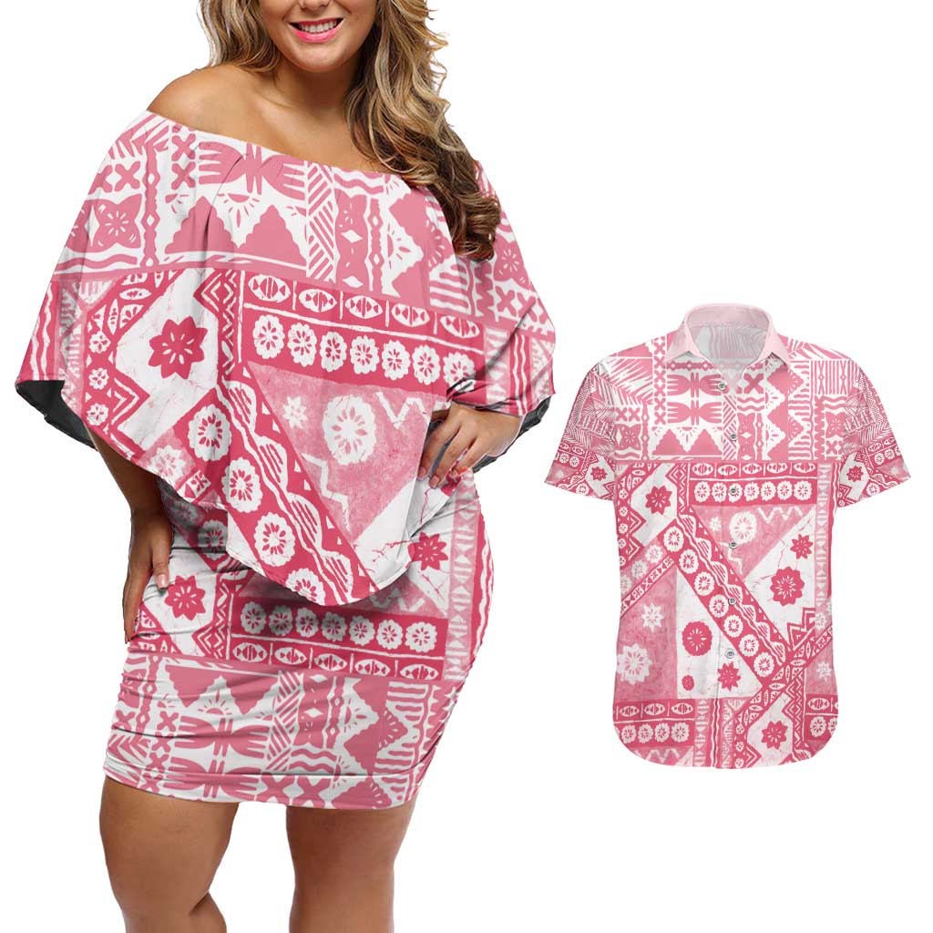 Pink Bula Fiji Couples Matching Off Shoulder Short Dress and Hawaiian Shirt Unique Masi Tapa Pattern LT14 Pink - Polynesian Pride