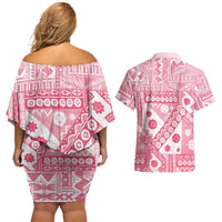 Pink Bula Fiji Couples Matching Off Shoulder Short Dress and Hawaiian Shirt Unique Masi Tapa Pattern