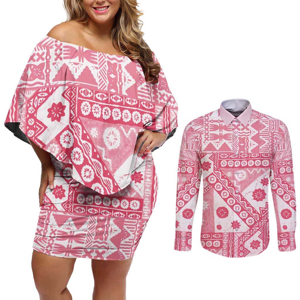 Pink Bula Fiji Couples Matching Off Shoulder Short Dress and Long Sleeve Button Shirt Unique Masi Tapa Pattern LT14 Pink - Polynesian Pride