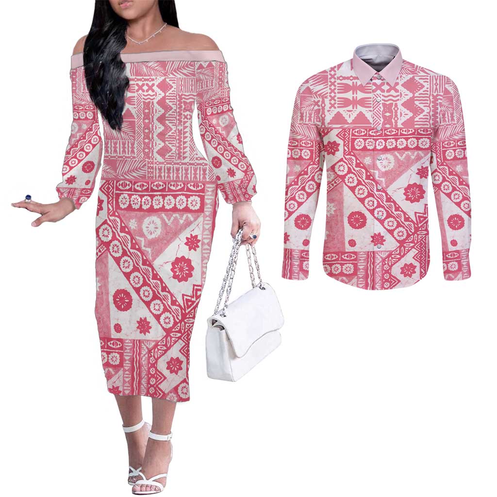 Pink Bula Fiji Couples Matching Off The Shoulder Long Sleeve Dress and Long Sleeve Button Shirt Unique Masi Tapa Pattern LT14 Pink - Polynesian Pride