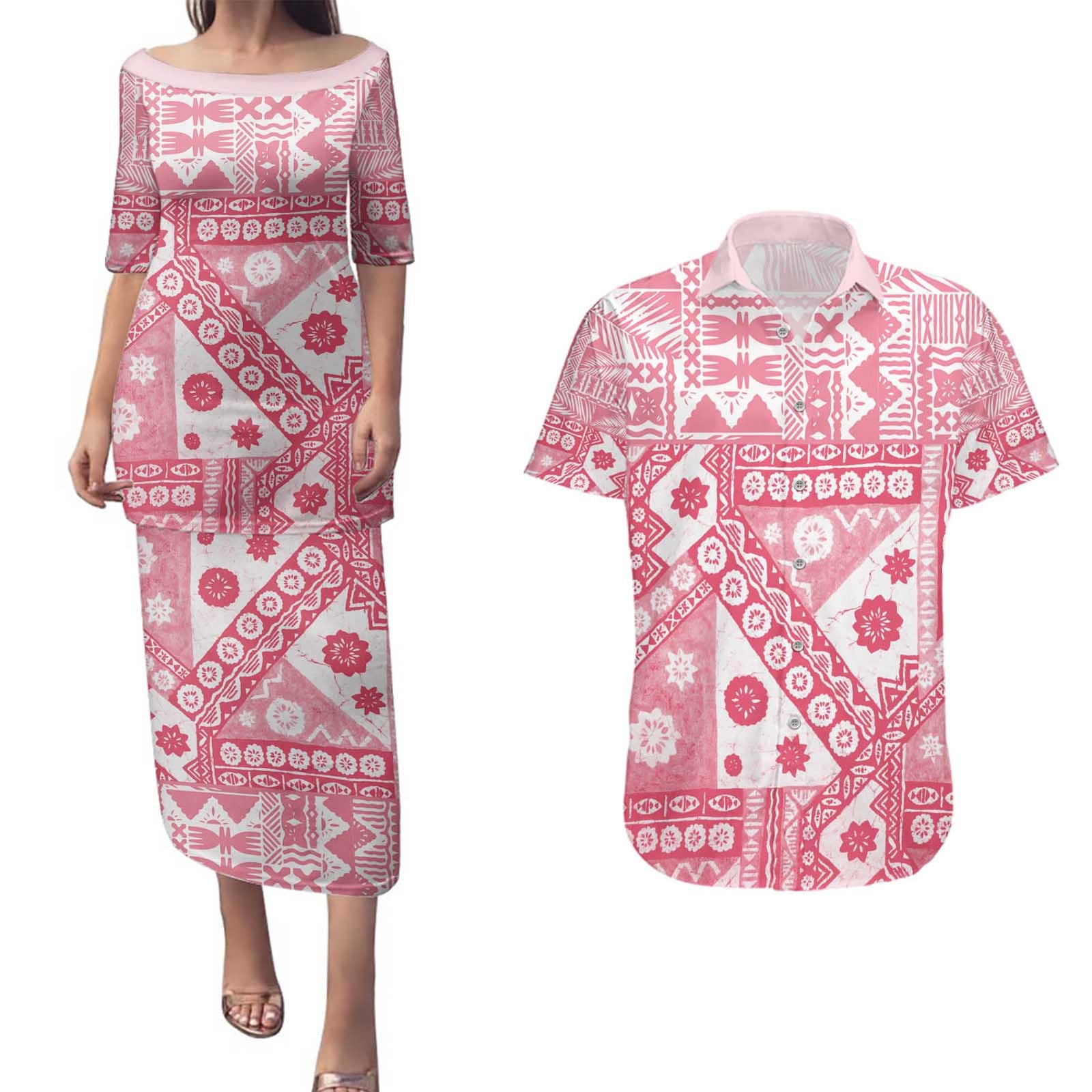 Pink Bula Fiji Couples Matching Puletasi and Hawaiian Shirt Unique Masi Tapa Pattern LT14 Pink - Polynesian Pride