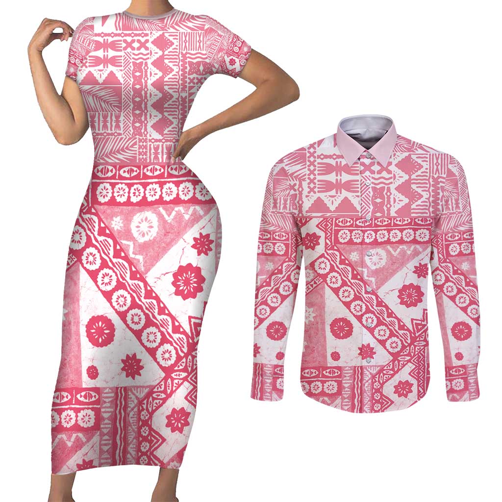 Pink Bula Fiji Couples Matching Short Sleeve Bodycon Dress and Long Sleeve Button Shirt Unique Masi Tapa Pattern LT14 Pink - Polynesian Pride