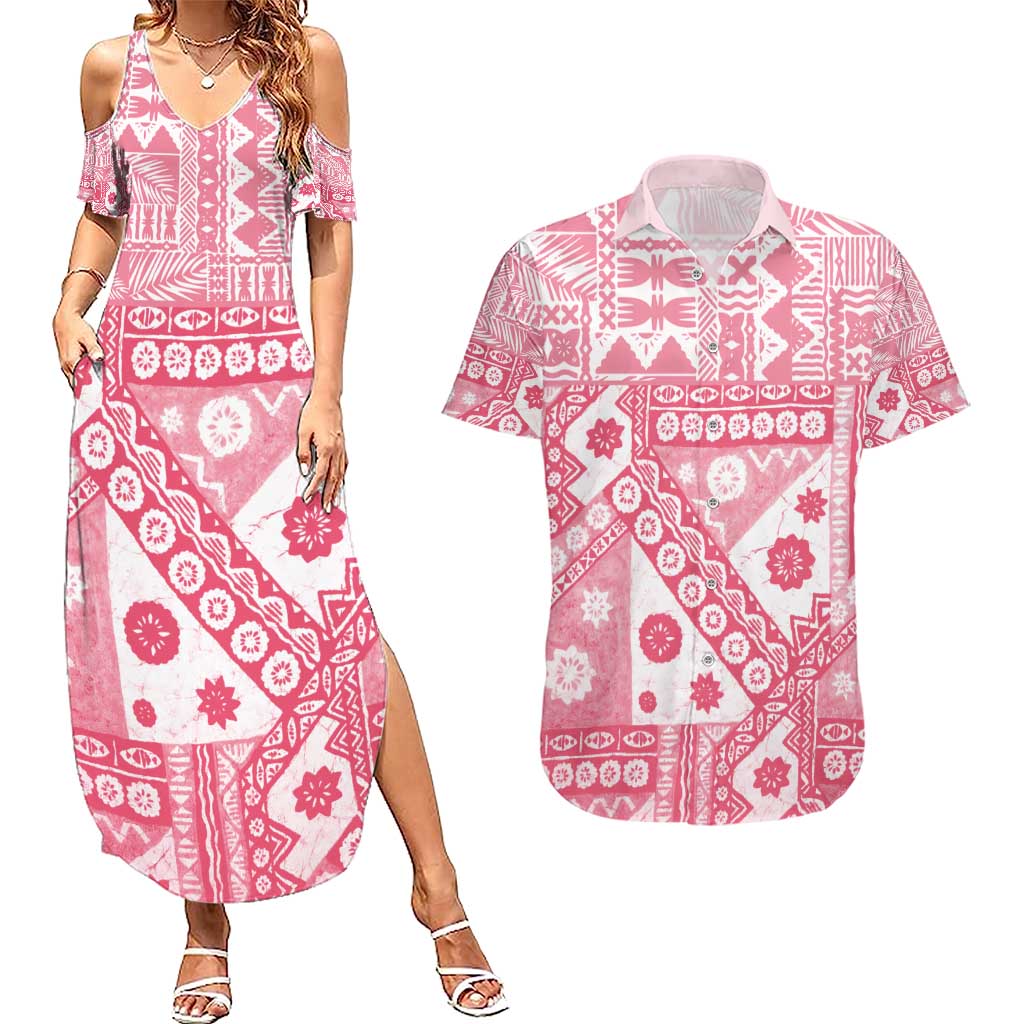 Pink Bula Fiji Couples Matching Summer Maxi Dress and Hawaiian Shirt Unique Masi Tapa Pattern LT14 Pink - Polynesian Pride