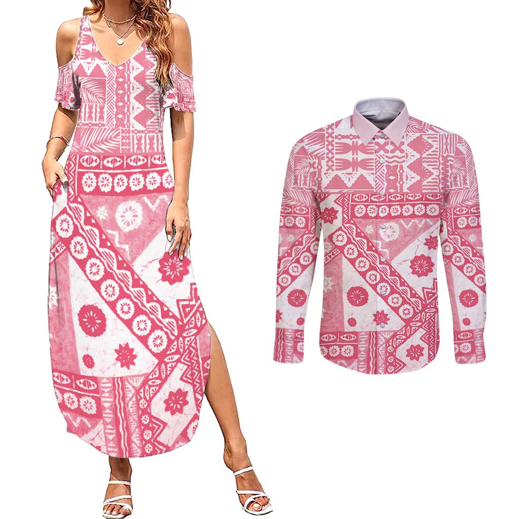 Pink Bula Fiji Couples Matching Summer Maxi Dress and Long Sleeve Button Shirt Unique Masi Tapa Pattern LT14 Pink - Polynesian Pride