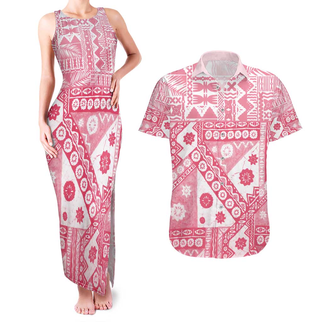 Pink Bula Fiji Couples Matching Tank Maxi Dress and Hawaiian Shirt Unique Masi Tapa Pattern LT14 Pink - Polynesian Pride
