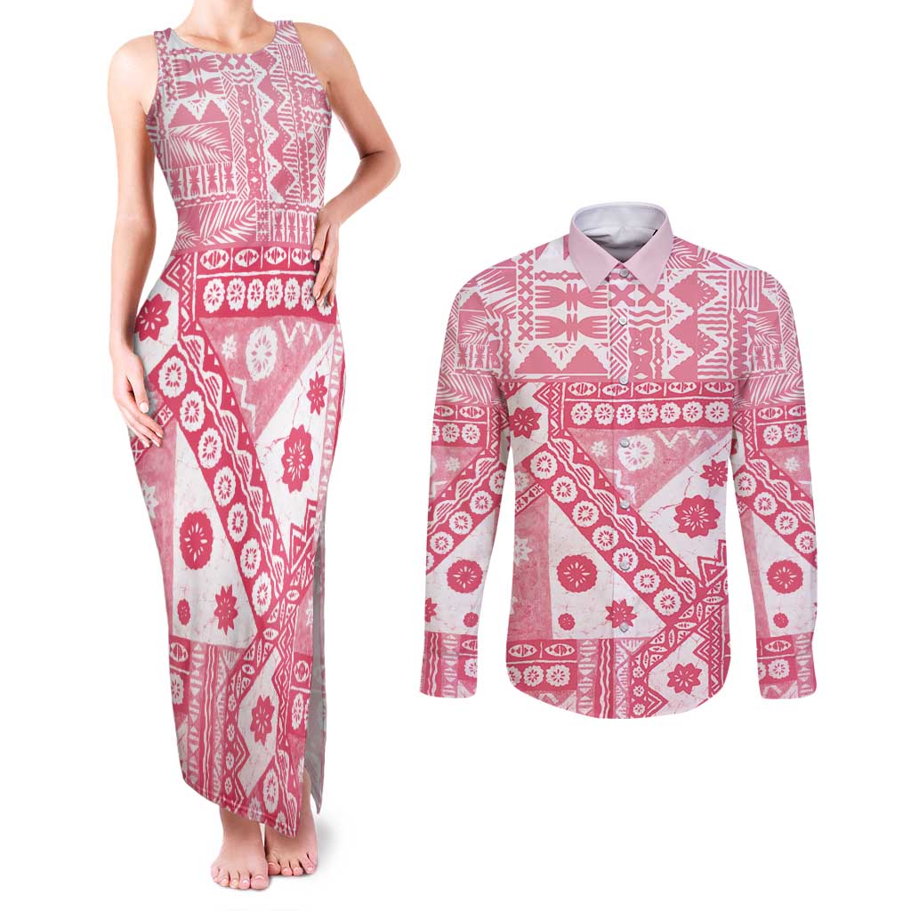 Pink Bula Fiji Couples Matching Tank Maxi Dress and Long Sleeve Button Shirt Unique Masi Tapa Pattern LT14 Pink - Polynesian Pride