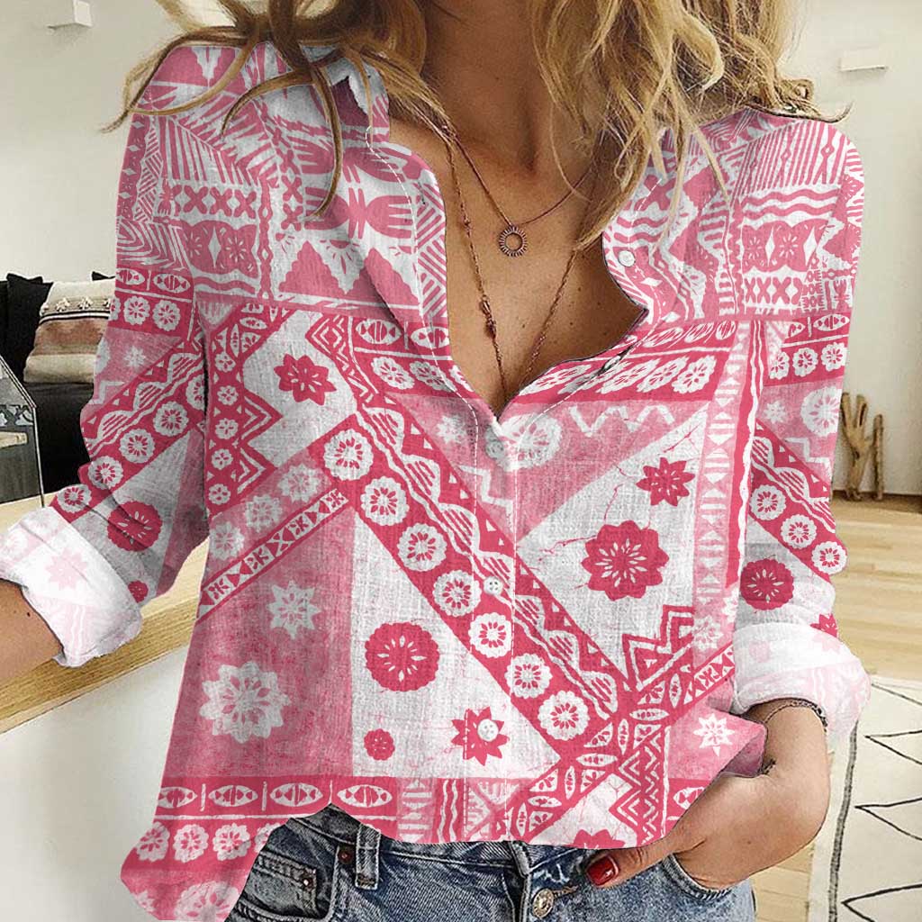Pink Bula Fiji Women Casual Shirt Unique Masi Tapa Pattern LT14 Female Pink - Polynesian Pride