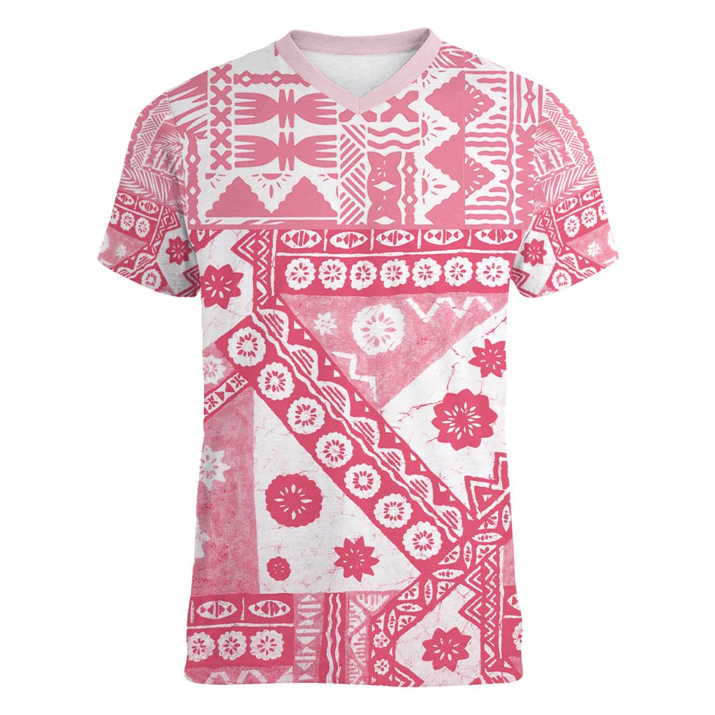 Pink Bula Fiji Women V-Neck T-Shirt Unique Masi Tapa Pattern LT14 Female Pink - Polynesian Pride