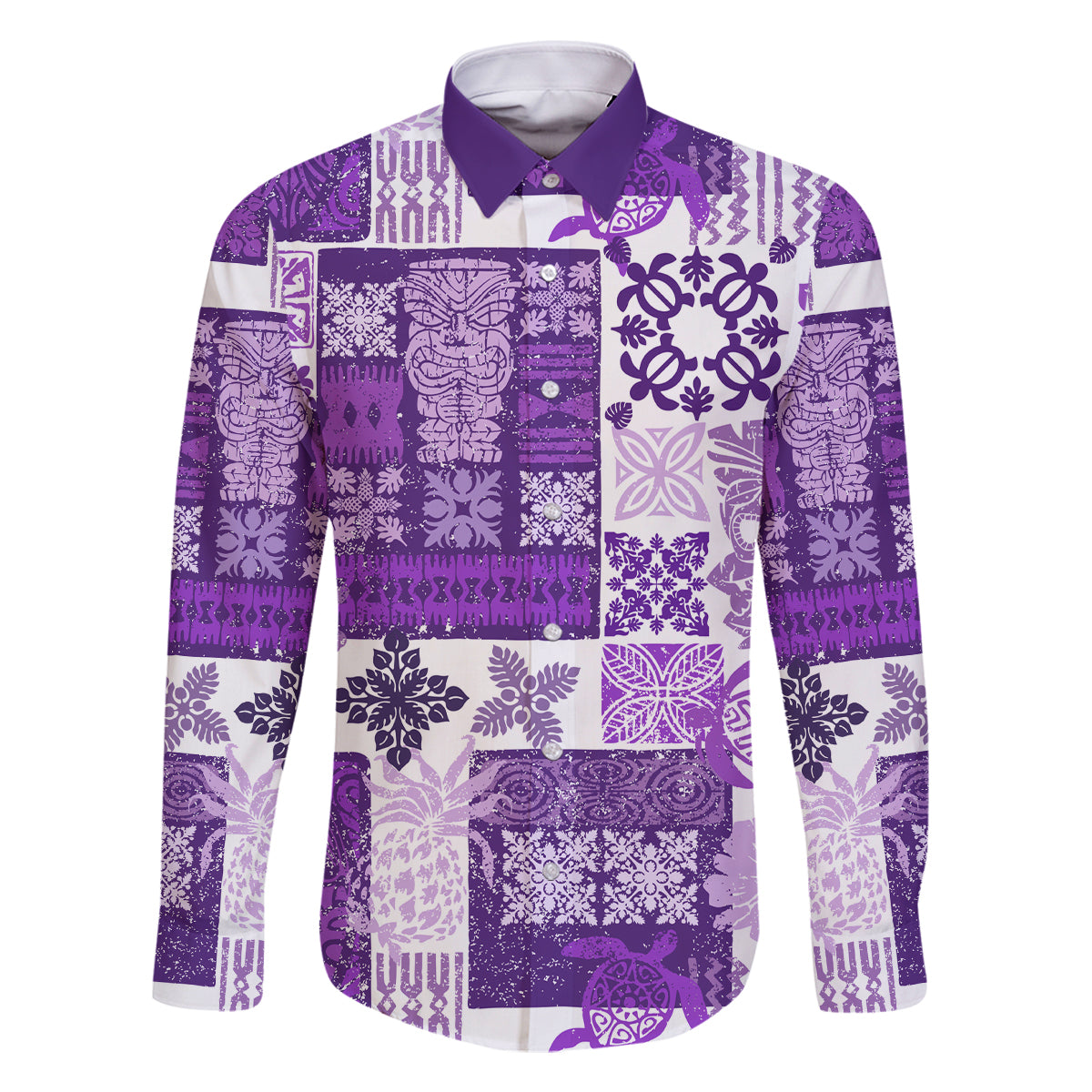 Hawaiian Quilt Family Matching Off Shoulder Long Sleeve Dress and Hawaiian Shirt Tiki Tropical Retro Purple Version LT14 Dad's Shirt - Long Sleeve Purple - Polynesian Pride