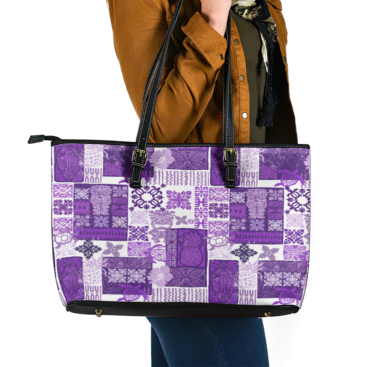 Hawaiian Quilt Leather Tote Bag Tiki Tropical Retro Purple Version LT14 - Polynesian Pride