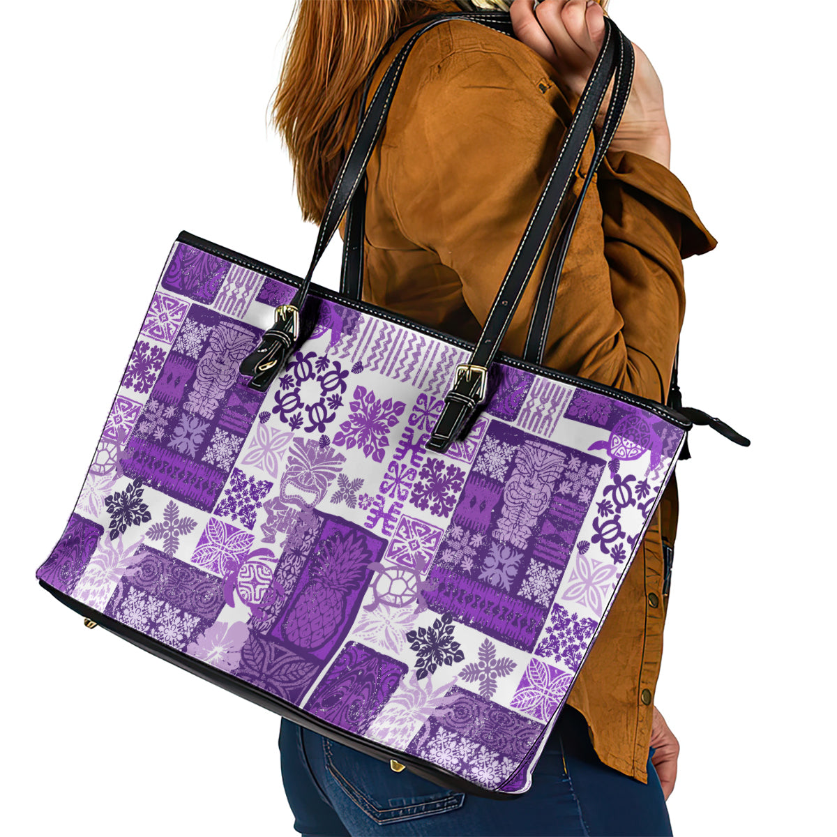 Hawaiian Quilt Leather Tote Bag Tiki Tropical Retro Purple Version LT14 - Polynesian Pride