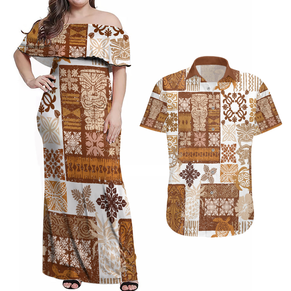 Hawaiian Quilt Couples Matching Off Shoulder Maxi Dress and Hawaiian Shirt Tiki Tropical Retro Brown Version LT14 Brown - Polynesian Pride
