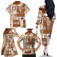 Hawaiian Quilt Family Matching Off Shoulder Long Sleeve Dress and Hawaiian Shirt Tiki Tropical Retro Brown Version LT14 - Polynesian Pride