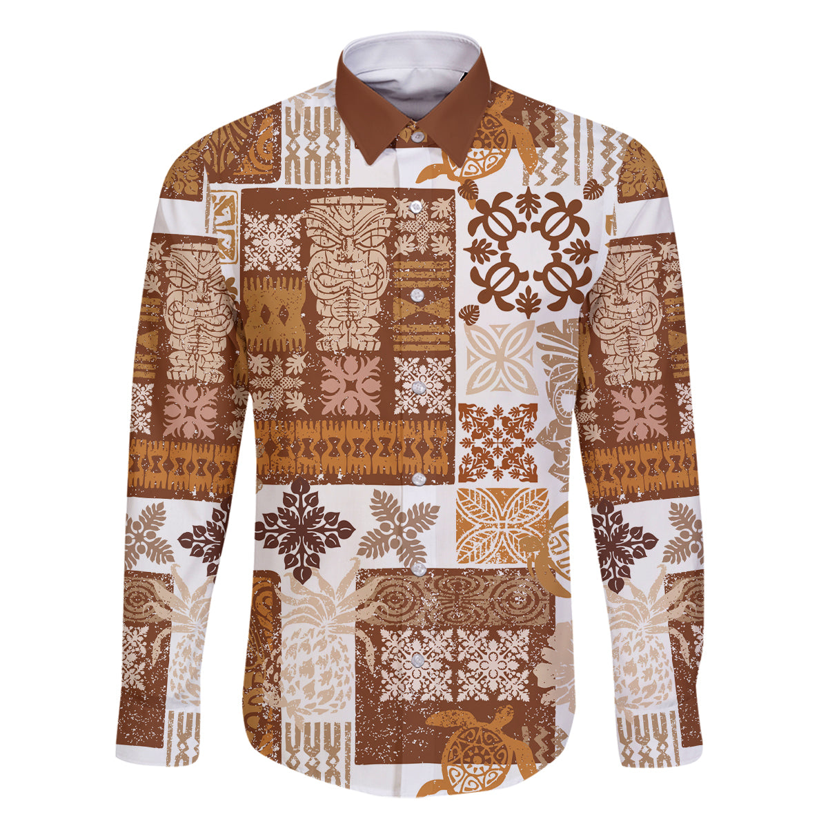 Hawaiian Quilt Family Matching Off Shoulder Maxi Dress and Hawaiian Shirt Tiki Tropical Retro Brown Version LT14 Dad's Shirt - Long Sleeve Brown - Polynesian Pride