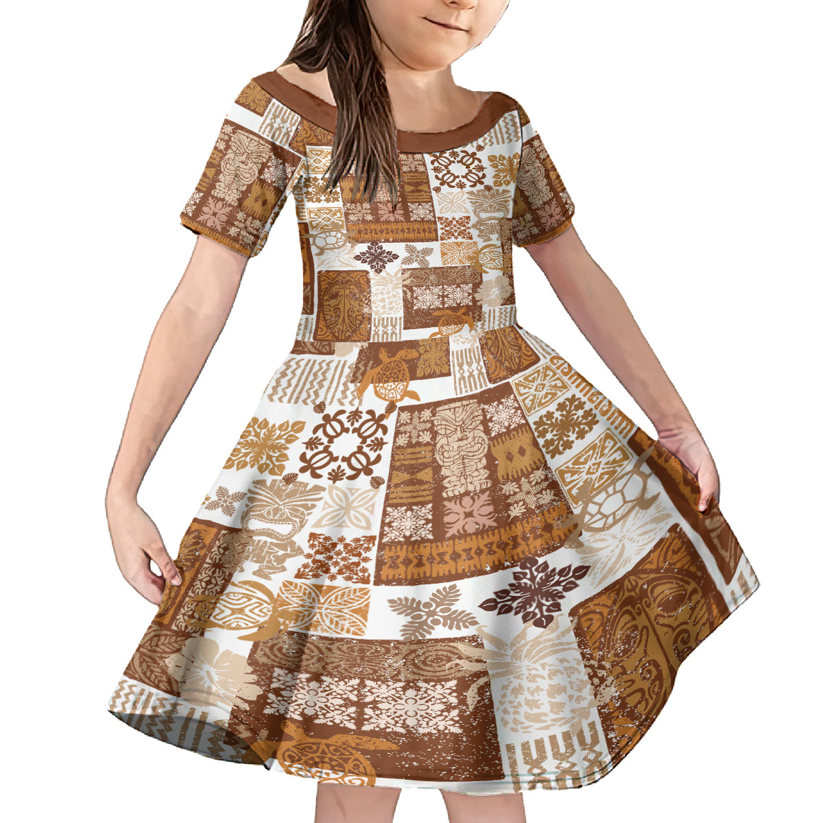 Hawaiian Quilt Family Matching Summer Maxi Dress and Hawaiian Shirt Tiki Tropical Retro Brown Version LT14 Daughter's Dress Brown - Polynesian Pride