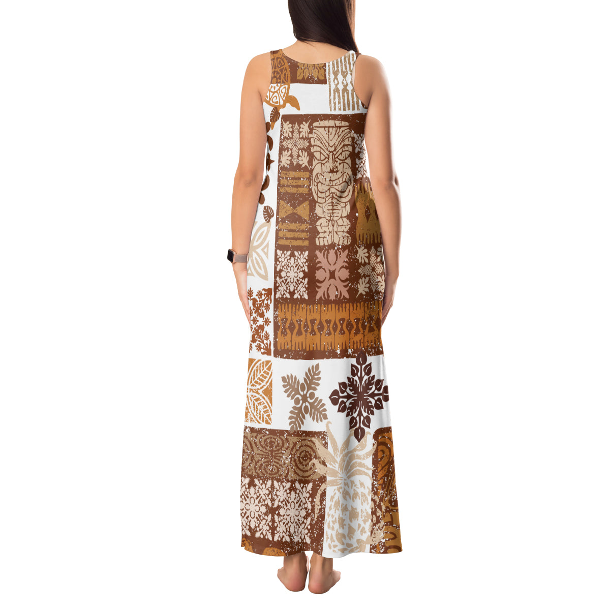 Hawaiian Quilt Tank Maxi Dress Tiki Tropical Retro Brown Version LT14 - Polynesian Pride