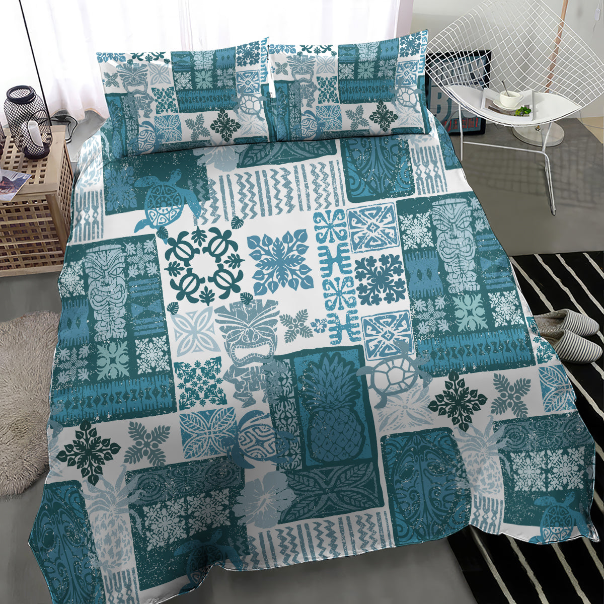 Hawaiian Quilt Bedding Set Tiki Tropical Retro Dark Cyan Version LT14 - Polynesian Pride