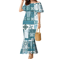 Hawaiian Quilt Family Matching Mermaid Dress and Hawaiian Shirt Tiki Tropical Retro Dark Cyan Version LT14 Mom's Dress Dark Cyan - Polynesian Pride