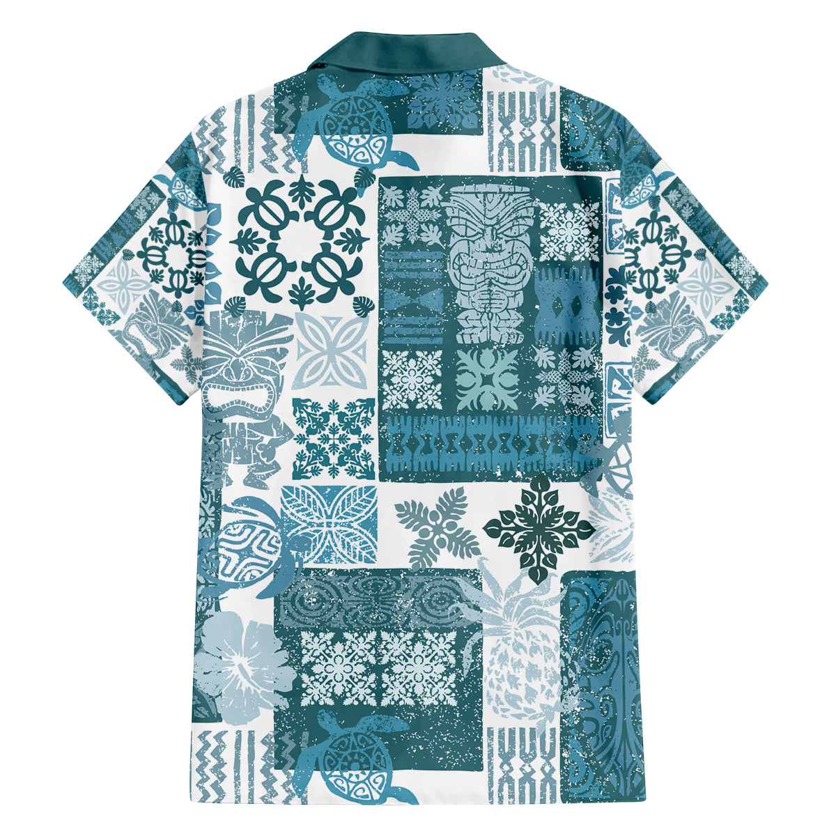 Hawaiian Quilt Family Matching Off Shoulder Short Dress and Hawaiian Shirt Tiki Tropical Retro Dark Cyan Version LT14 - Polynesian Pride