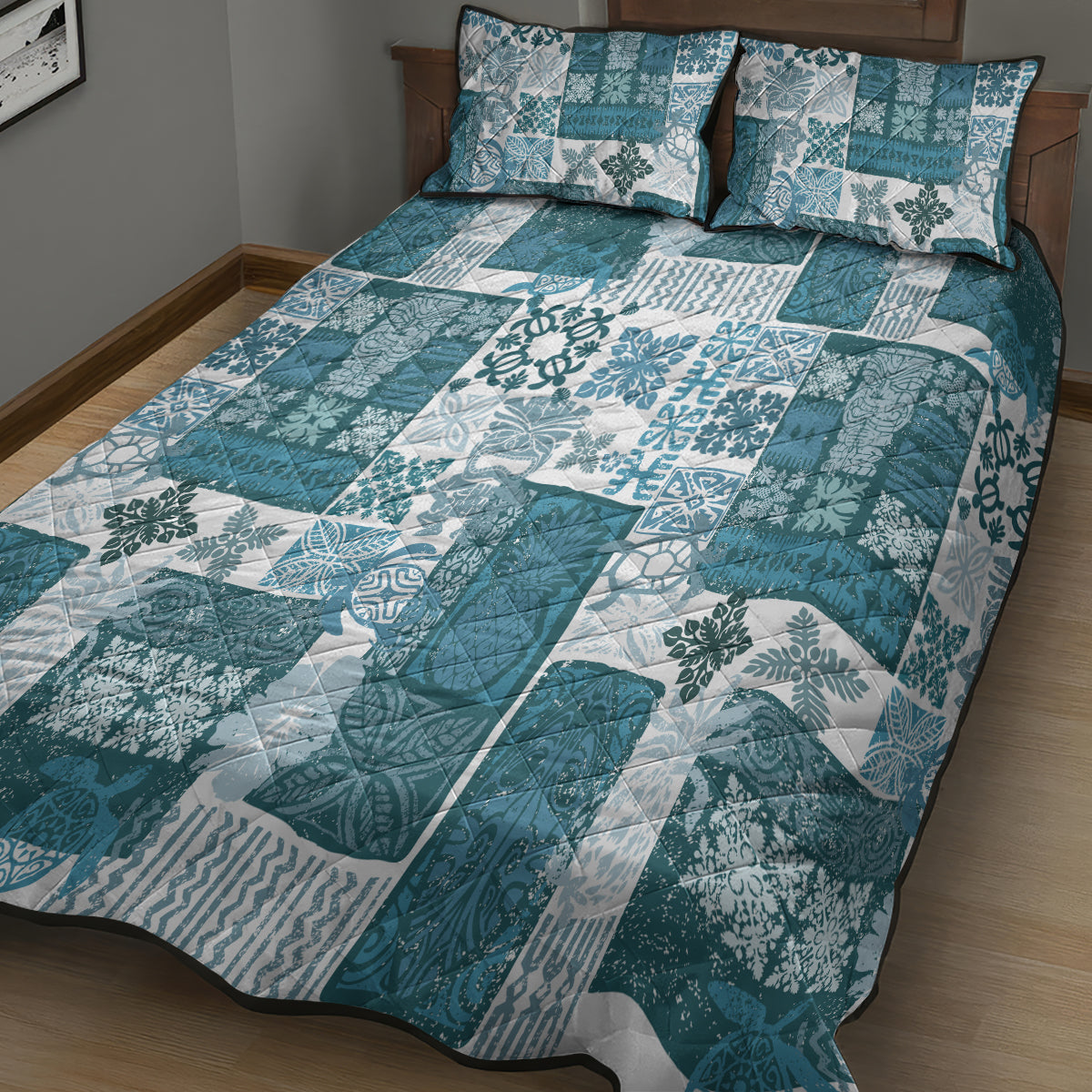 Hawaiian Quilt Quilt Bed Set Tiki Tropical Retro Dark Cyan Version LT14 - Polynesian Pride