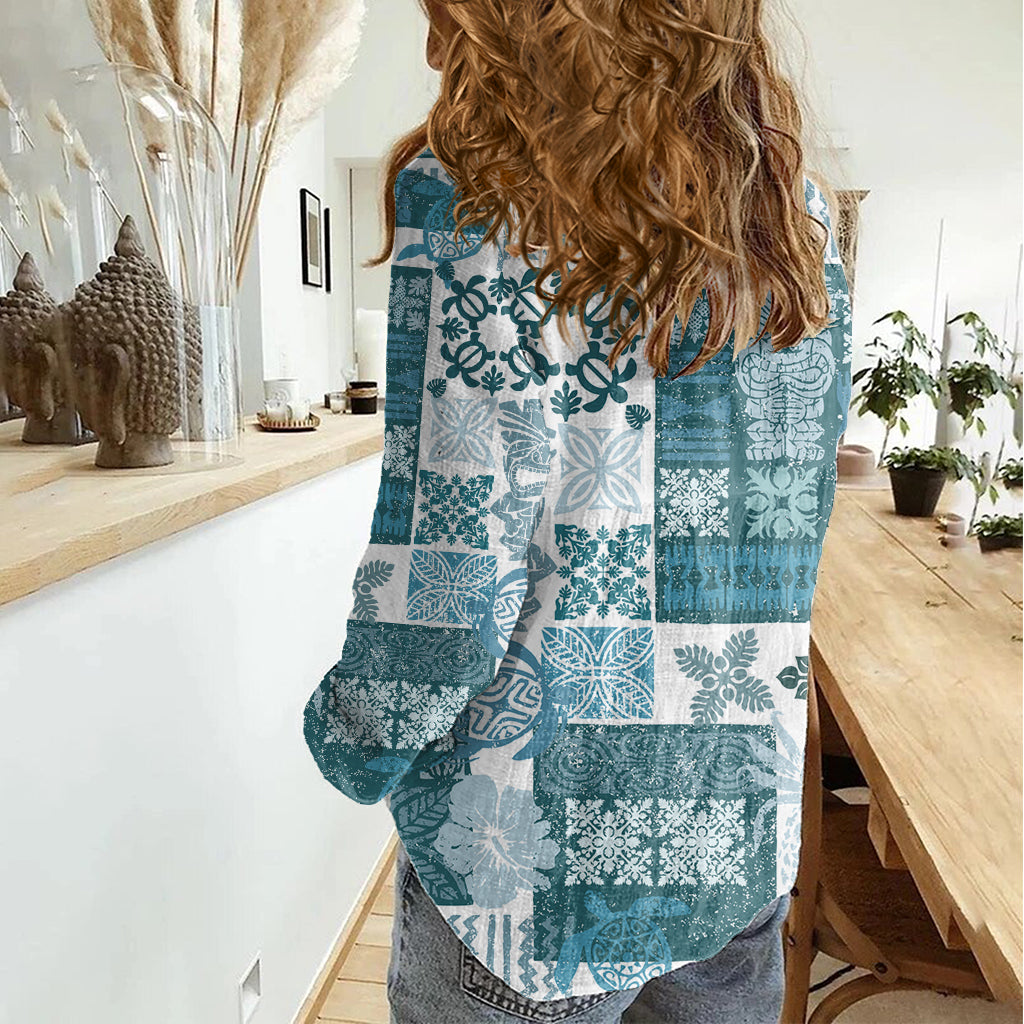 Hawaiian Quilt Women Casual Shirt Tiki Tropical Retro Dark Cyan Version LT14 - Polynesian Pride