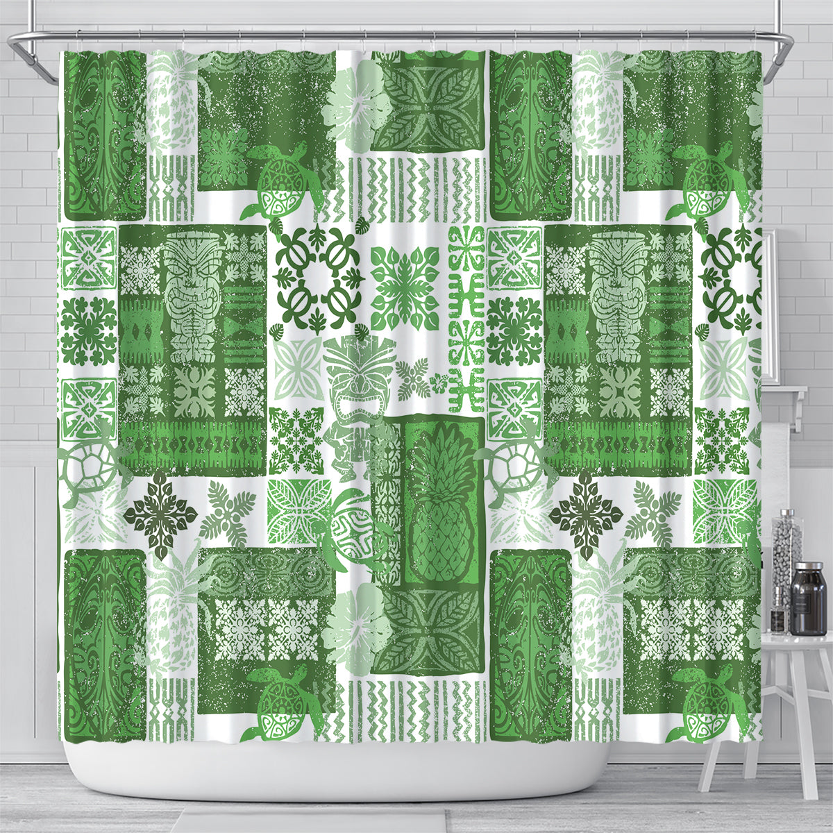 Hawaiian Quilt Shower Curtain Tiki Tropical Retro Green Version LT14 - Polynesian Pride