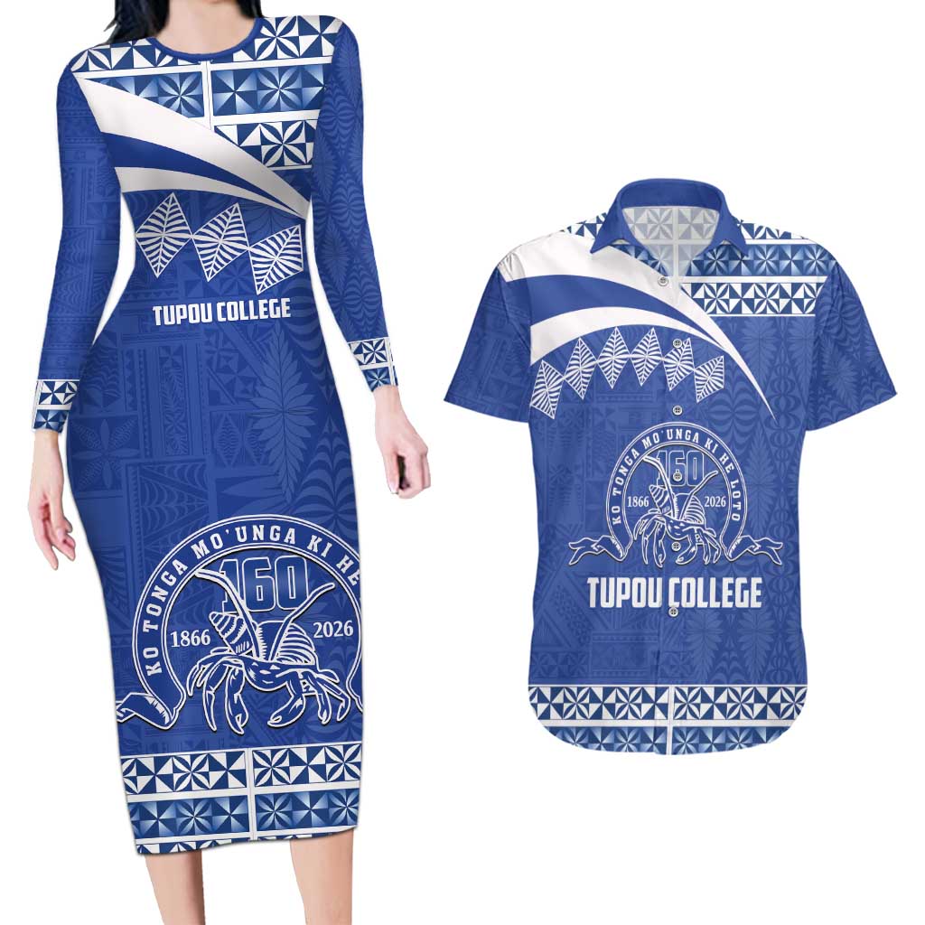 Personalised Tonga Tupou College Toloa Couples Matching Long Sleeve Bodycon Dress and Hawaiian Shirt 160 Years Anniversary Tongan Ngatu Pattern
