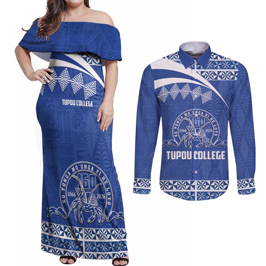 Personalised Tonga Tupou College Toloa Couples Matching Off Shoulder Maxi Dress and Long Sleeve Button Shirt 160 Years Anniversary Tongan Ngatu Pattern