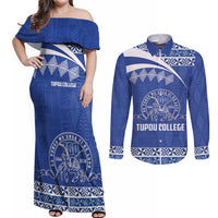 Personalised Tonga Tupou College Toloa Couples Matching Off Shoulder Maxi Dress and Long Sleeve Button Shirt 160 Years Anniversary Tongan Ngatu Pattern