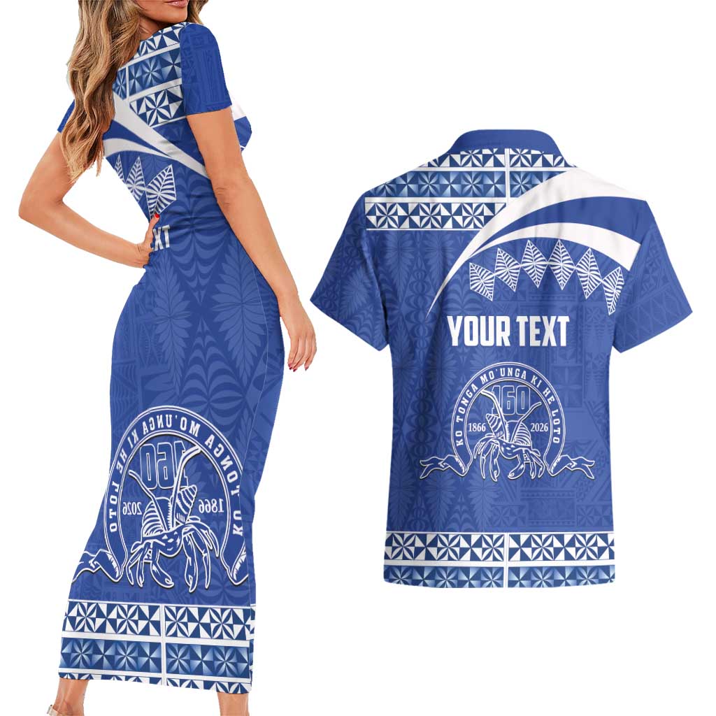 Personalised Tonga Tupou College Toloa Couples Matching Short Sleeve Bodycon Dress and Hawaiian Shirt 160 Years Anniversary Tongan Ngatu Pattern