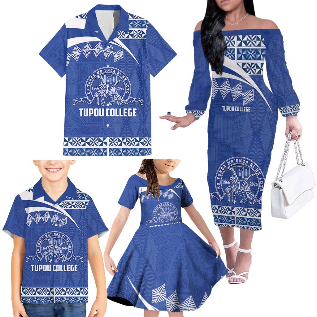 Personalised Tonga Tupou College Toloa Family Matching Off The Shoulder Long Sleeve Dress and Hawaiian Shirt 160 Years Anniversary Tongan Ngatu Pattern