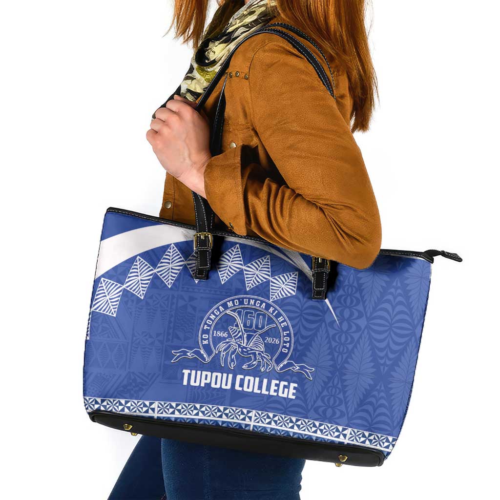Tonga Tupou College Toloa Leather Tote Bag 160 Years Anniversary Tongan Ngatu Pattern LT14 Blue - Polynesian Pride