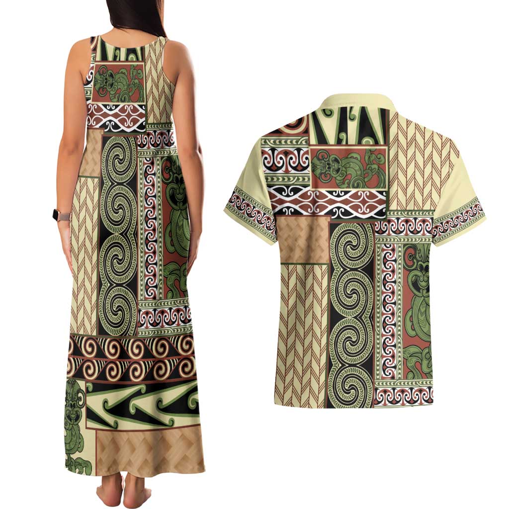 Beige Aotearoa Kowhaiwhai Pattern Couples Matching Tank Maxi Dress and Hawaiian Shirt NZ Maori Quilt Style