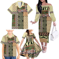Beige Aotearoa Kowhaiwhai Pattern Family Matching Off The Shoulder Long Sleeve Dress and Hawaiian Shirt NZ Maori Quilt Style