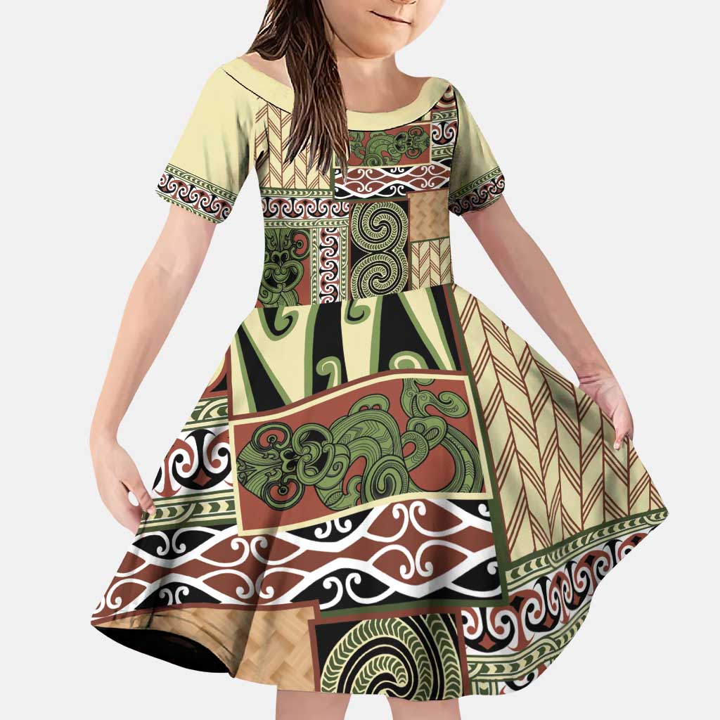 Beige Aotearoa Kowhaiwhai Pattern Family Matching Puletasi and Hawaiian Shirt NZ Maori Quilt Style