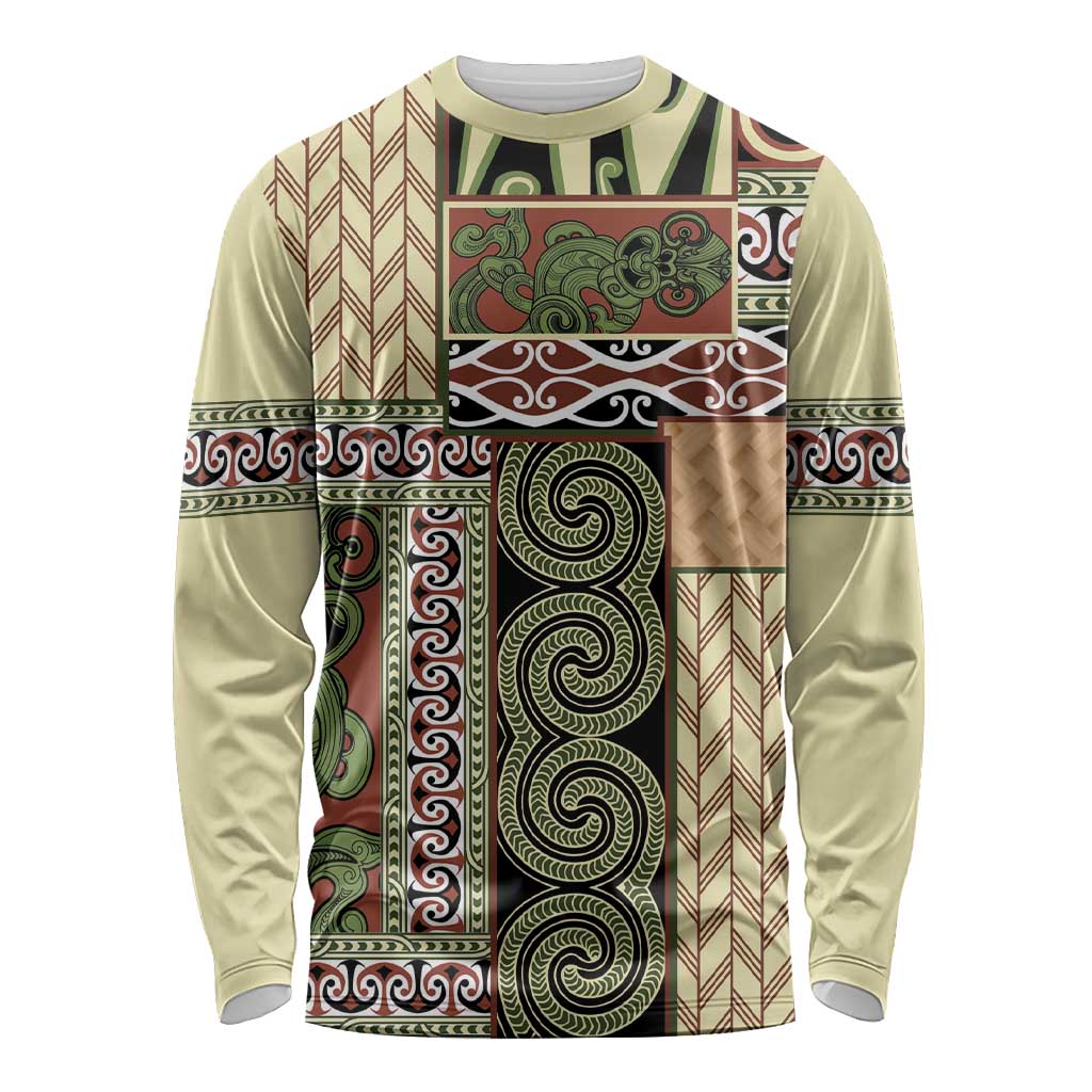 Beige Aotearoa Kowhaiwhai Pattern Long Sleeve Shirt NZ Maori Quilt Style LT14 Unisex Beige - Polynesian Pride