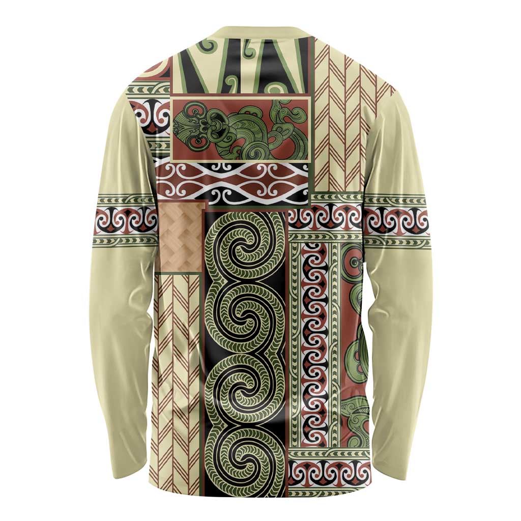 Beige Aotearoa Kowhaiwhai Pattern Long Sleeve Shirt NZ Maori Quilt Style LT14 - Polynesian Pride