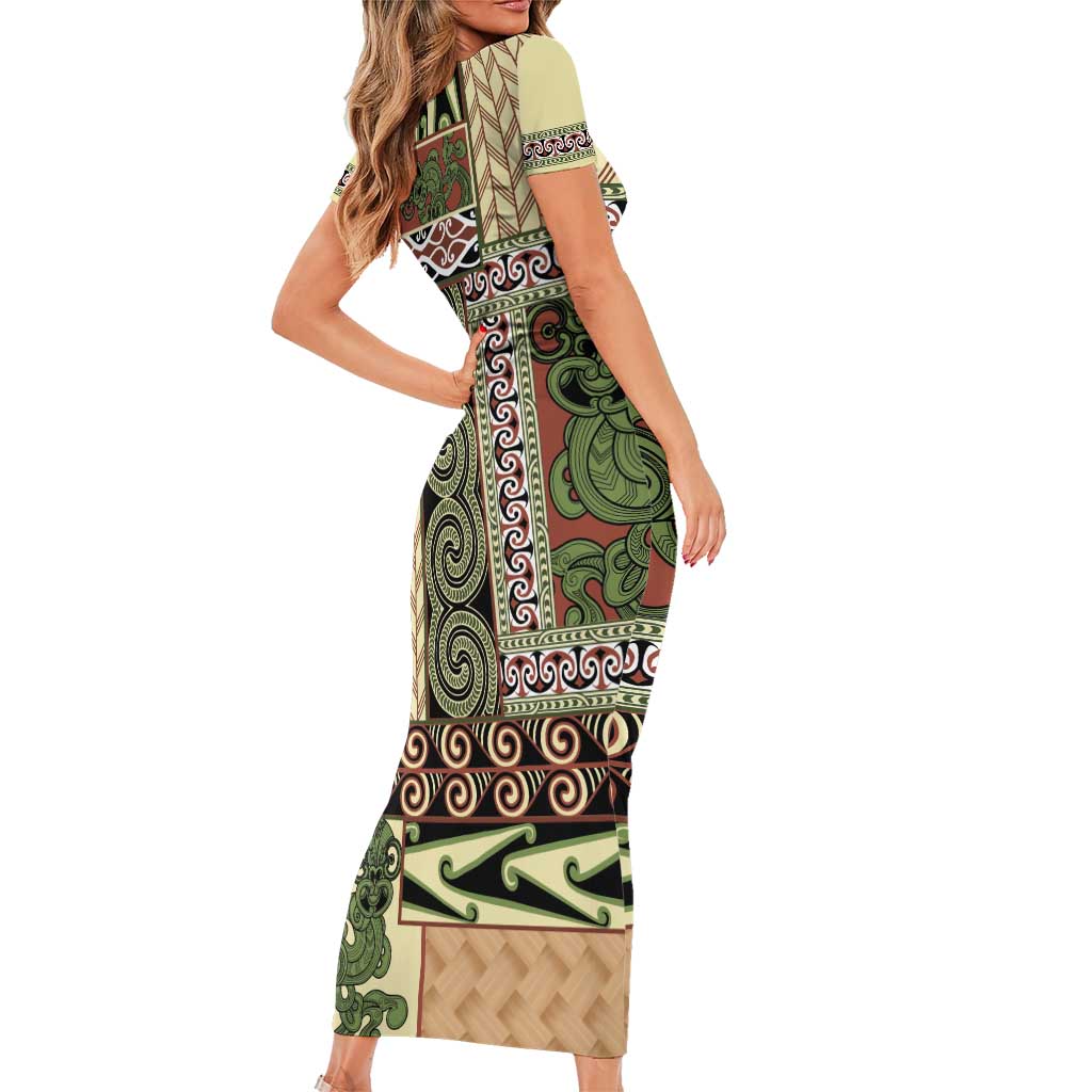 Beige Aotearoa Kowhaiwhai Pattern Short Sleeve Bodycon Dress NZ Maori Quilt Style