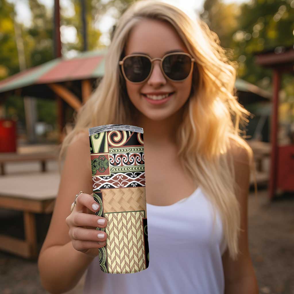 Beige Aotearoa Kowhaiwhai Pattern Skinny Tumbler NZ Maori Quilt Style