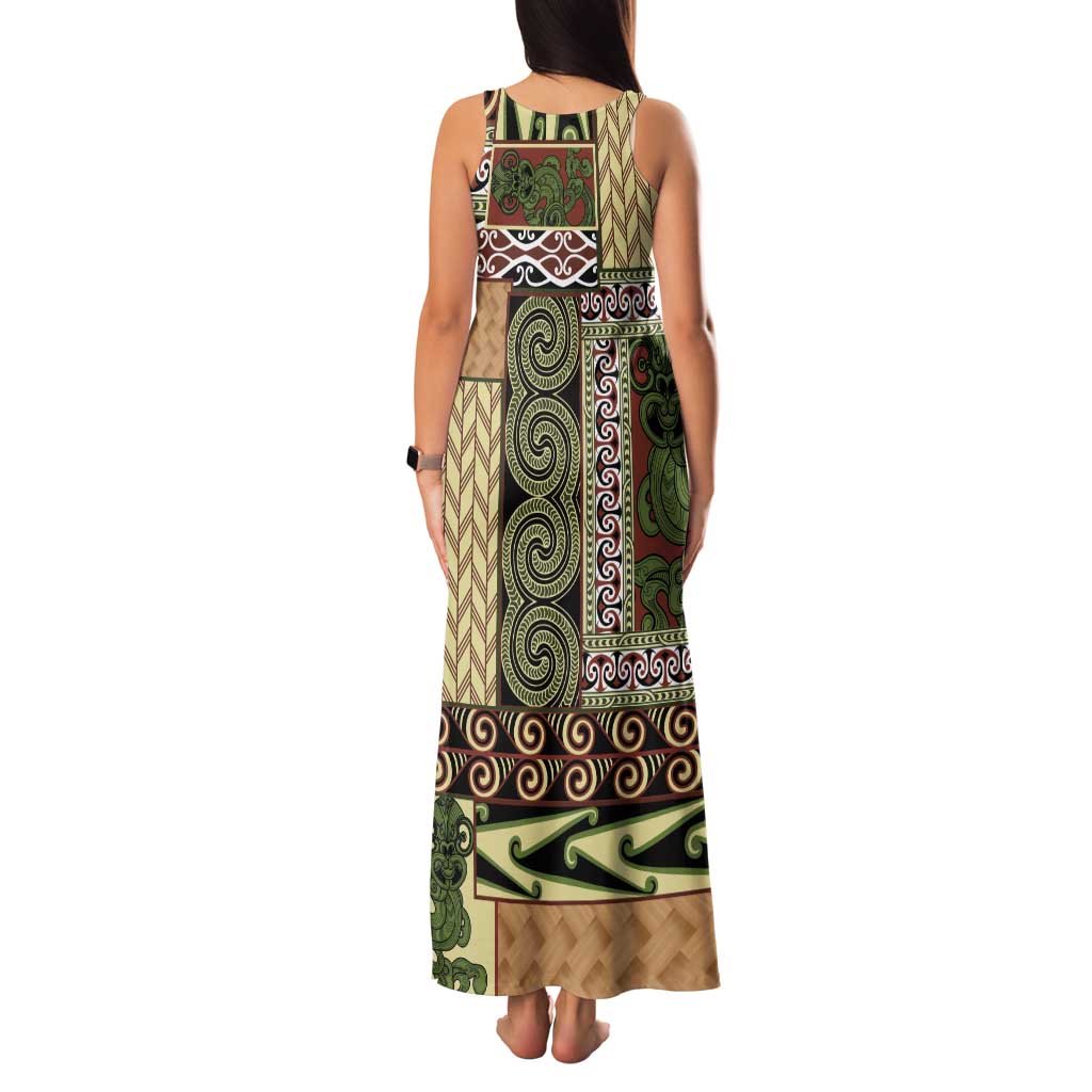 Beige Aotearoa Kowhaiwhai Pattern Tank Maxi Dress NZ Maori Quilt Style