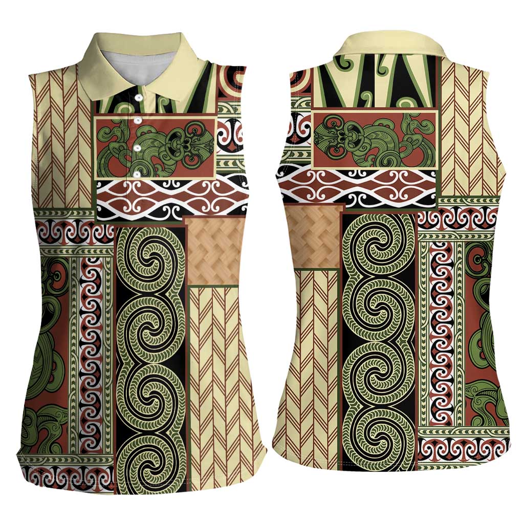 Beige Aotearoa Kowhaiwhai Pattern Women Sleeveless Polo Shirt NZ Maori Quilt Style