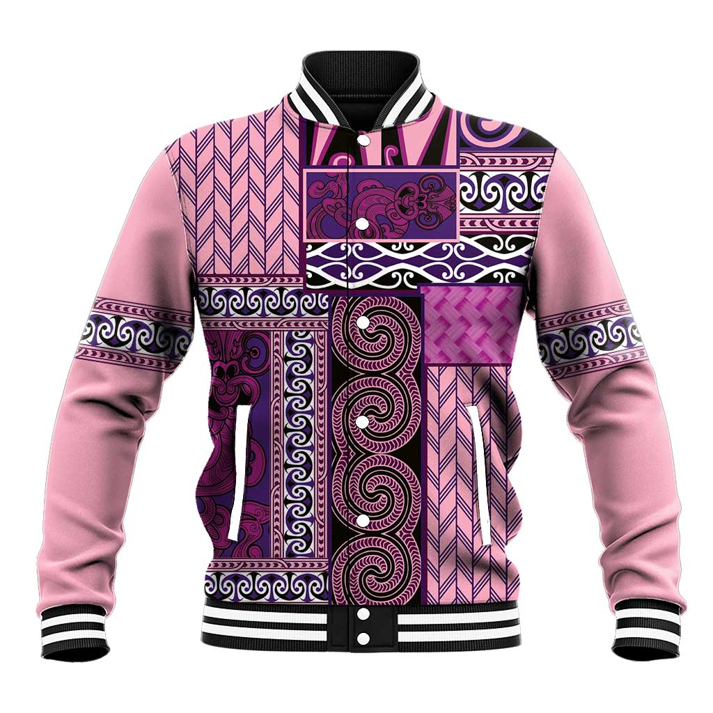 Pink Aotearoa Kowhaiwhai Pattern Baseball Jacket NZ Maori Quilt Style LT14 Unisex Pink - Polynesian Pride
