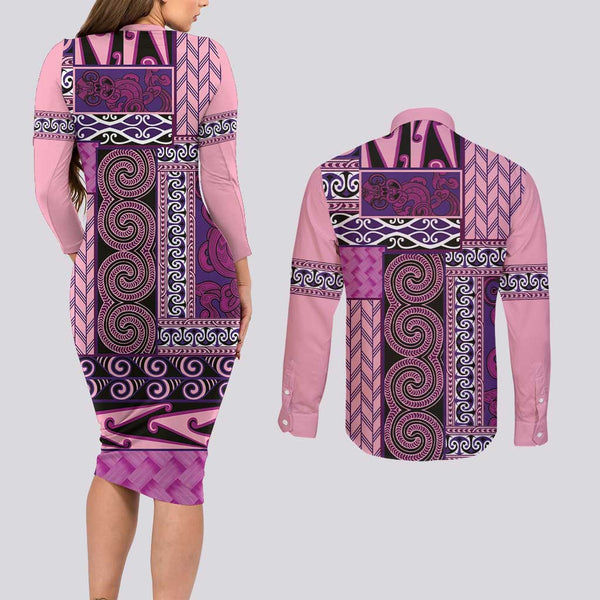 New Zealand Couples Matching Off The Shoulder Long Sleeve Dress and Long Sleeve Button Shirts Aotearoa Maori Kiwi Black Fern LT01 main image 1