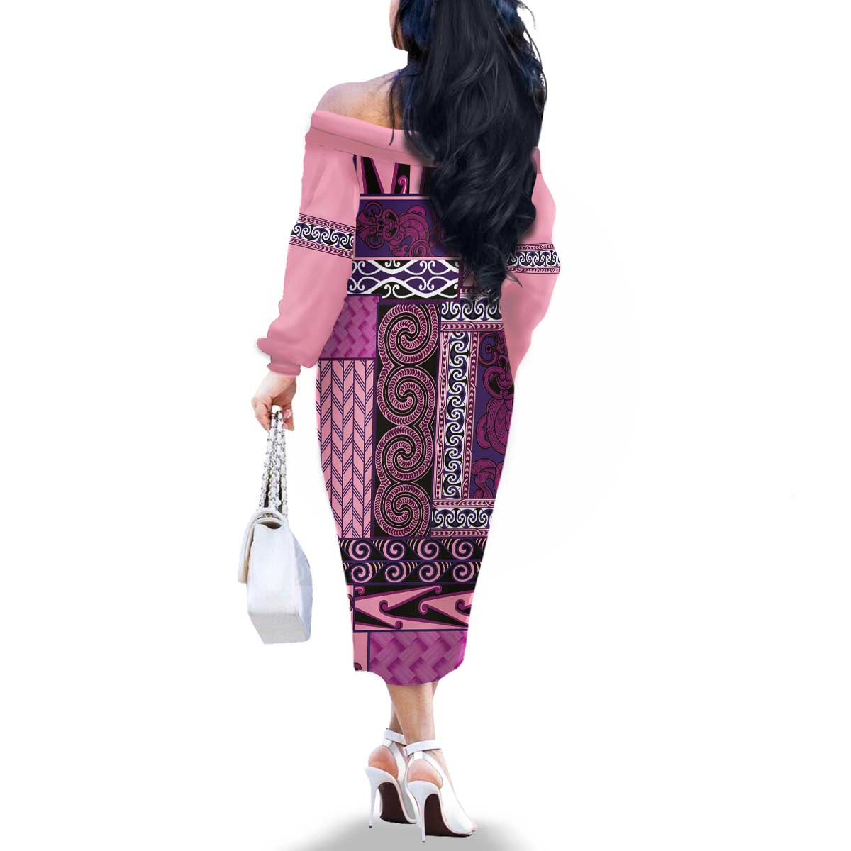 Pink Aotearoa Kowhaiwhai Pattern Family Matching Off The Shoulder Long Sleeve Dress and Hawaiian Shirt NZ Maori Quilt Style