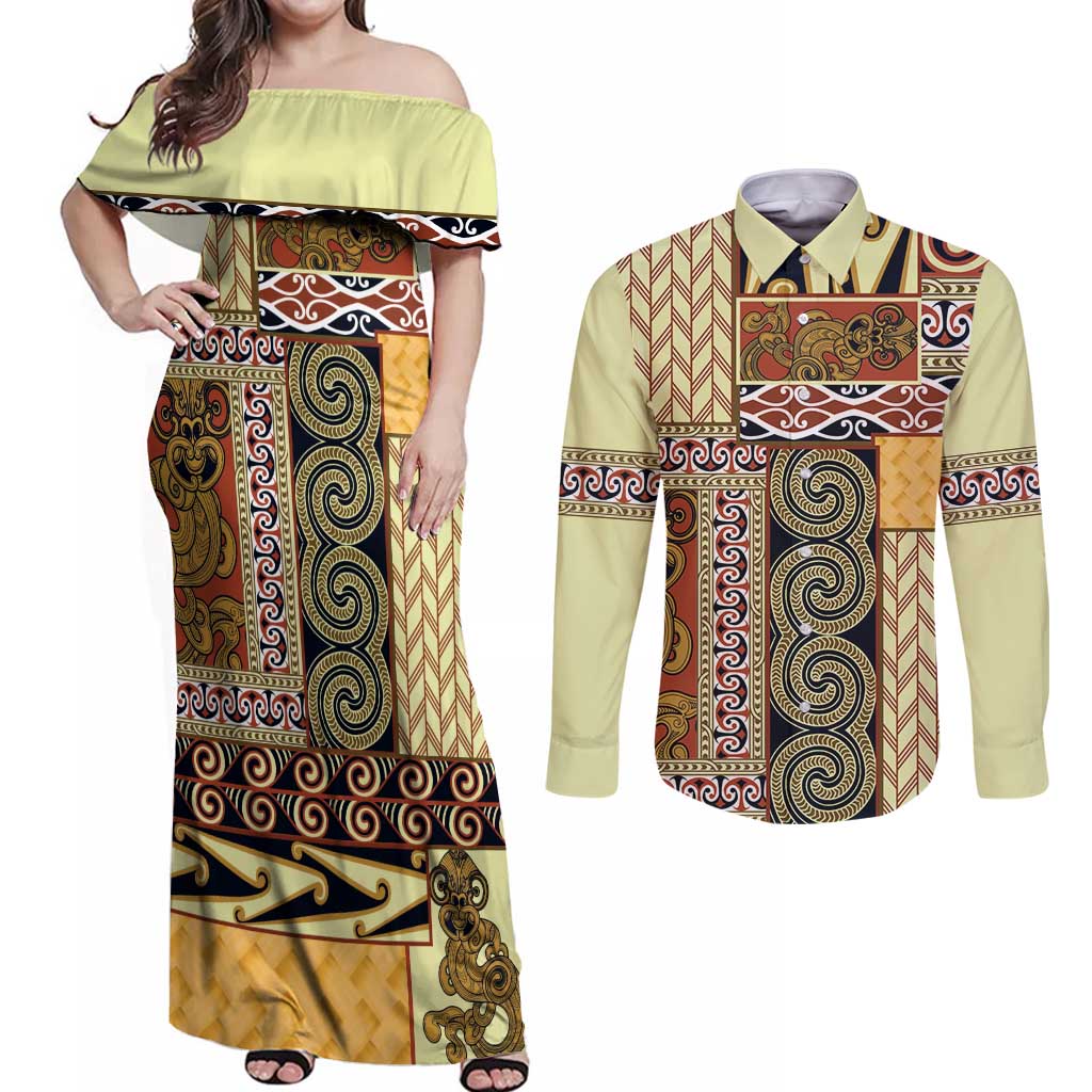 Yellow Aotearoa Kowhaiwhai Pattern Couples Matching Off Shoulder Maxi Dress and Long Sleeve Button Shirt NZ Maori Quilt Style LT14 Yellow - Polynesian Pride